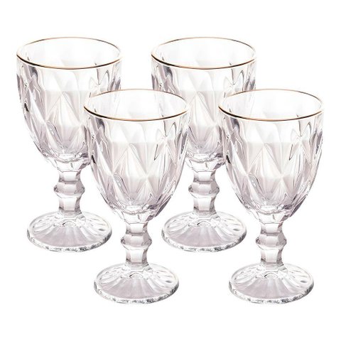 Jogo 4 Taças de Vidro com Borda Dourada Diamond Cor Transparente Água 300ml Class Home