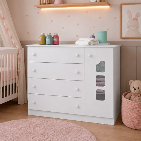 Cômoda Sapateira Infantil Lívia 100% MDF 4 Gavetas 1 Porta para Quarto de Bebê Branco Phoenix Baby