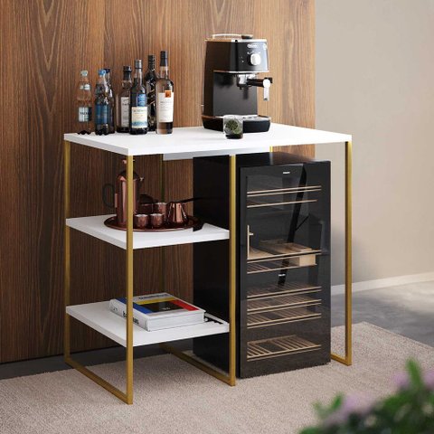 Aparador Adega Barzinho Bourbon 80cm Industrial em Aço para Sala e Área Gourmet - Dourado/branco