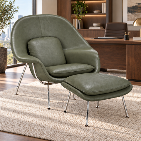 Poltrona Womb Chair com Puff em Couro Ecológico - Verde Militar