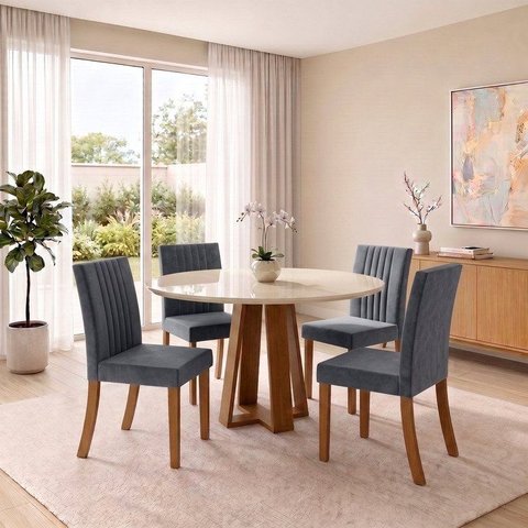 Conjunto Sala de Jantar Mesa Lisa 140cm com Tampo MDF e Vidro Redonda 4 Cadeiras Lily