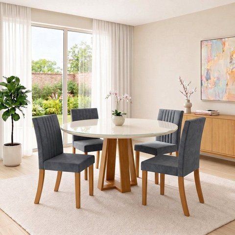 Conjunto Sala de Jantar Mesa Lisa 140cm com Tampo MDF e Vidro Redonda 4 Cadeiras Lily
