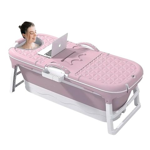Banheira Ofurô Dobrável Portátil 260 Litros Adulto 148 Cm com Suporte Rosa Vg+