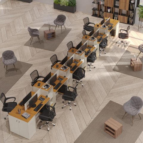 Estação de Trabalho 12 Lugares Office Smart 12 Mesas 10 Armários 2 Aparador - Off White e Cedro