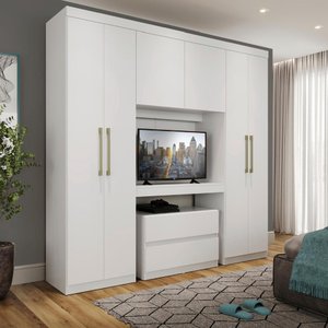 Guarda Roupa Solteiro 6 Portas, 2 Gavetas, Painel de TV 32 Polegadas e Gaveteiro Porto Móveis Carraro