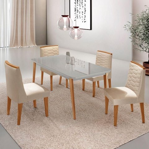 Mesa de Jantar Copper 120cm Tampo Mdf 4 Cadeiras Moderna Veludo Creme /off /naturale /serig Off