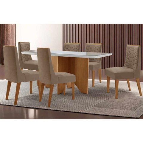 Sala de Jantar Completa Nevada C/ Tampo Madeirado C/ Vidro Canto Curvo 180x90cm e 6 Cadeiras