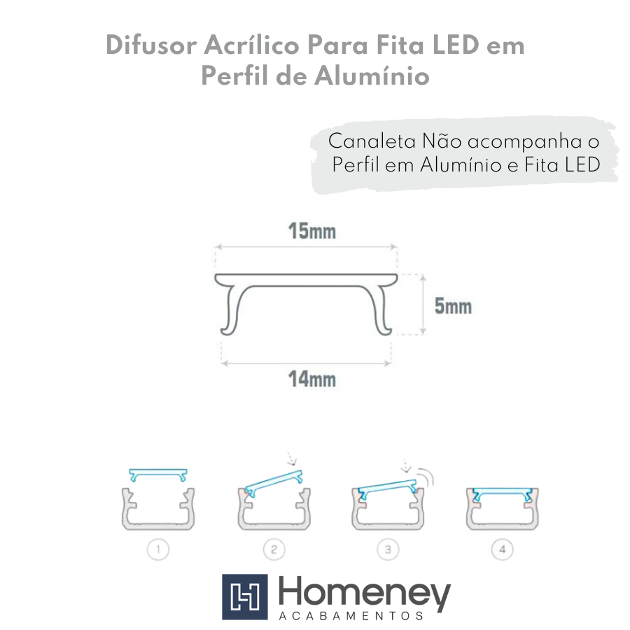 Canaleta Perfil Acrílico Leitoso Difusor para LED 15mm - Homeney Fumê 2m - 3