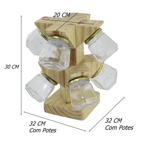 Porta Temperos Giratório Torre Madeira Pinus Rústico Reflorestamento com 08 Potes de Vidro Galheteir - 2