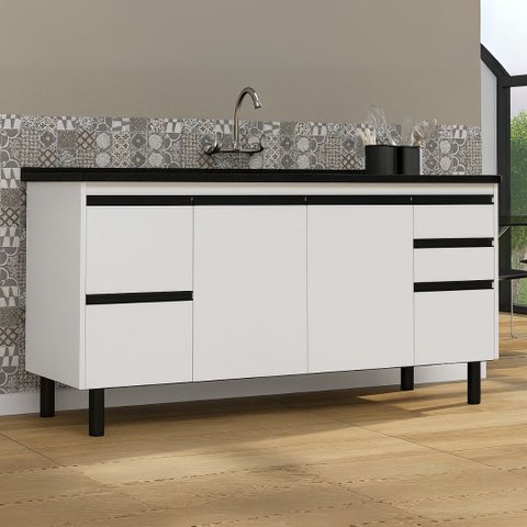 Gabinete de Cozinha Armário 144cm 5 Gavetas 2 Porta 100% MDF:Branco