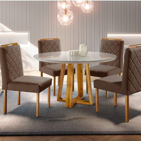 Conjunto Sala de Jantar 4 Lugares Mesa Redonda 1,2m e 4 Cadeiras Marrom