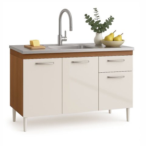 Balcão Cozinha para Pia 120 Cm Gabinete 3 Portas 1 Gaveta sem Tampo Off-white