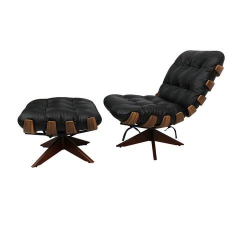 Poltrona e Puff de Couro Costela Wood - Preto Pigmentado - Mempra