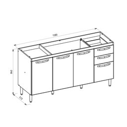 Balcão Para Pia 158 3 Portas e 3 Gavetas Carvalho Rústico - Nicioli - 3