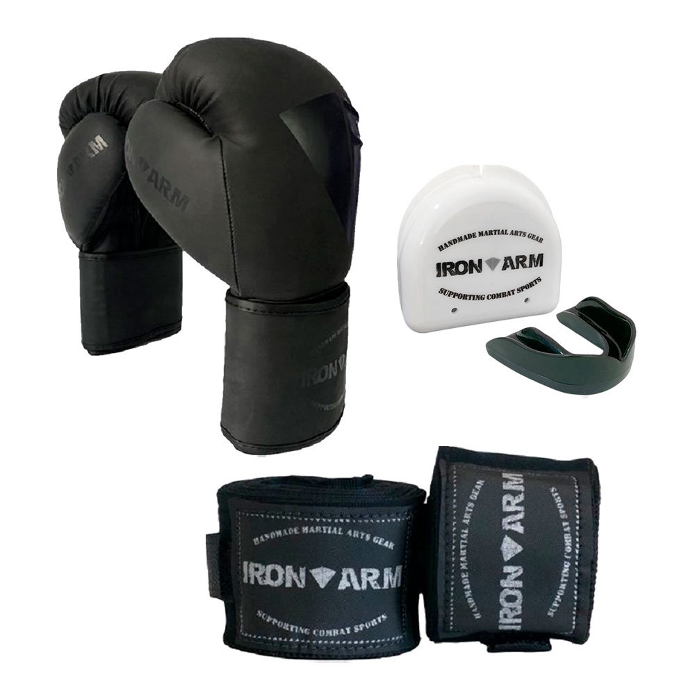 Kit Luva de Boxe Iron Arm Premium Double Black + Bandagem Preta 3m + Protetor Bucal