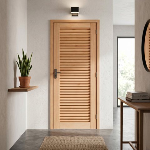 Kit Porta Pronta Maciça de Eucalipto 214x87cm Abertura Direita Veneziana Marrom