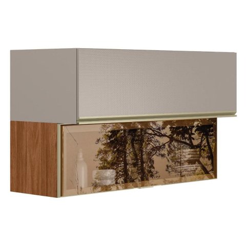 Armário Aéreo Proença 120cm Basculante 1 Porta Mdf e 1 Porta Vidro Reflecta Nogueira Touch/nude