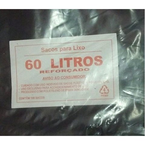 Saco De Lixo 60 Litros Reforçado Com 100 Unidades:Preto
