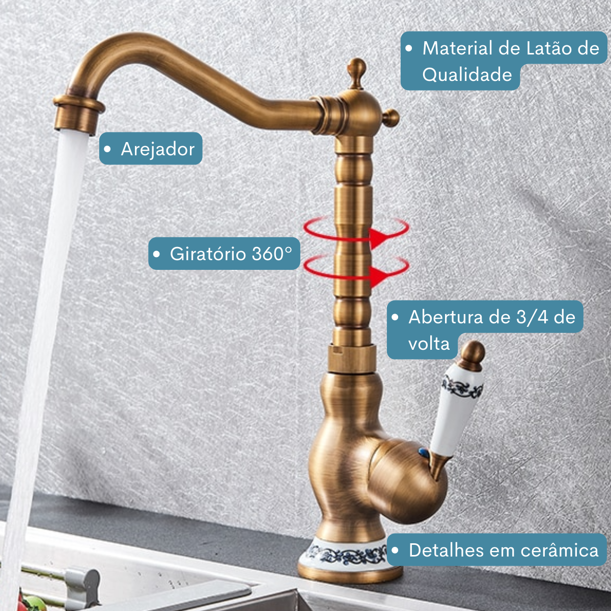 Torneira Monocomando Bronze Alta na Cor Bronze Estilo Vintage Água Quente e Fria para Cozinha Banhei - 2