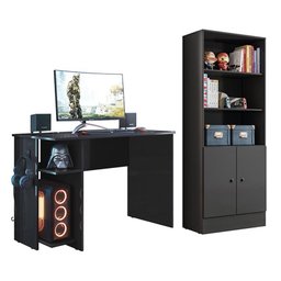 Conjunto Gamer Armário 2 Portas e Mesa para Computador 3875 Preto - Qmovi - 1