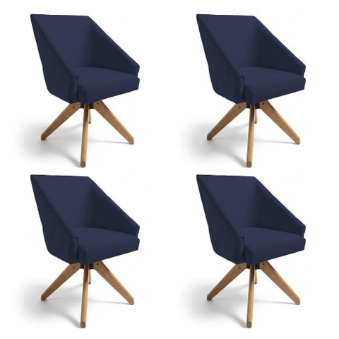 Kit 4 Poltronas Giratórias Alana Suede Azul Marinho Base de Madeira - Pallazio