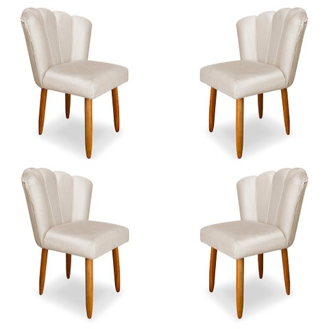 Kit 4 Cadeiras de Jantar Pétala Estofada Pés Palito Veludo Bege - Montanaris Decor