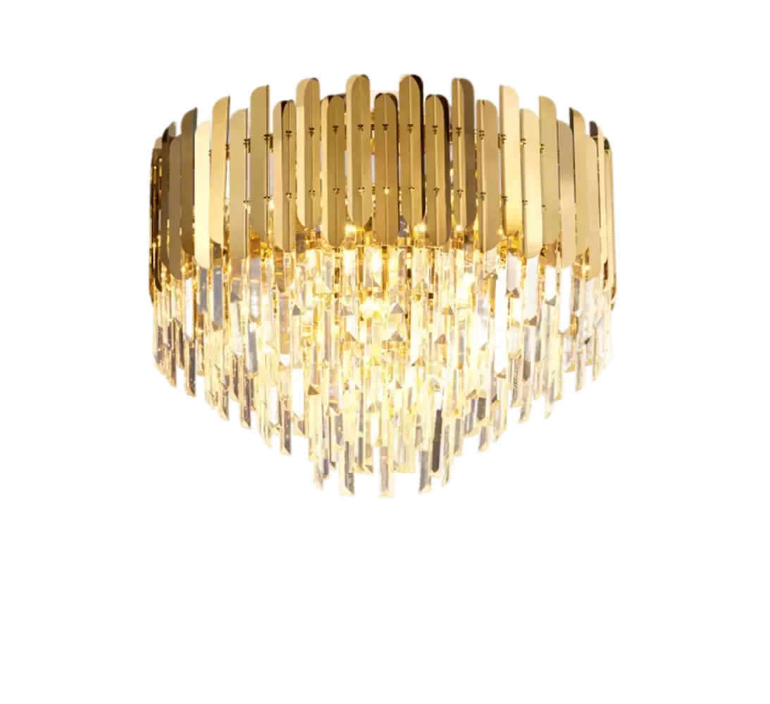 Pendente/Plafon Copenhagem Alumínio Dourado Cristais Transparentes 9 Lâmpadas E14 Tupiara - 1