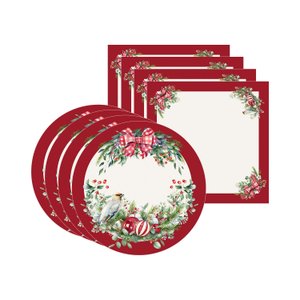 Kit Sousplat + Guardanapo Natal Pássaro/bordô - 4 Peças - com Base