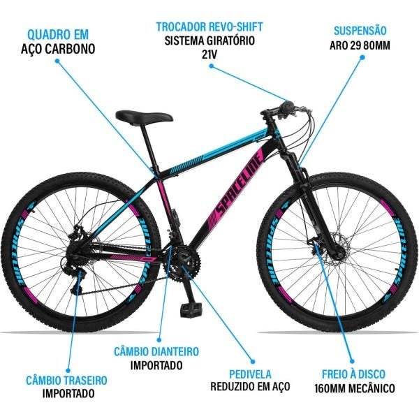 Bicicleta Aro 29 Spaceline Moon 21V Freio A Disco com Suspensão Preto Rosa e Azul - 17 - 3