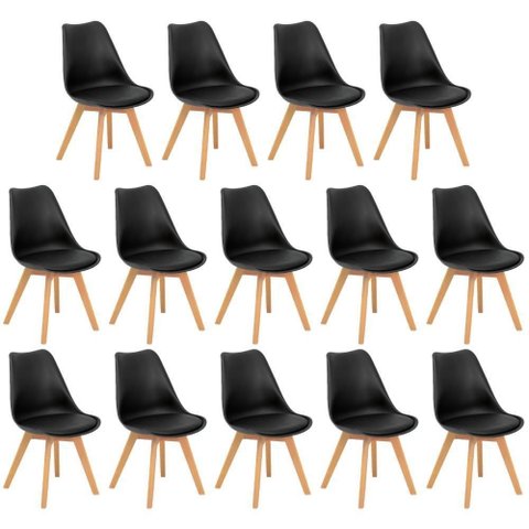 Conjunto 14 Cadeiras de Jantar Eames Wood Leda Design Estofada - Preto