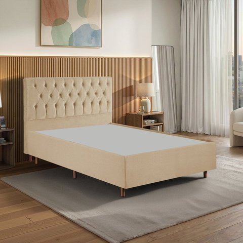 Kit Cama Box Casal e Cabeceira em Madeira Maciça Estofada Espresso Móveis Bege/Veludo