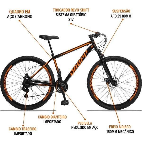 Bicicleta Aro 29 Dropp Sport Aço 21v Freio a Disco Preto e Laranja com Suspensão - 17 - 4