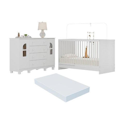Berço 3 em 1 com Colchão Incluso e Cômoda 2 Portas 4 Gavetas Aurora Multimóveis Mp4774 Branco