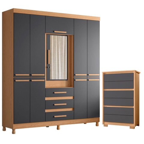 Guarda Roupa Casal New Fusion 10 Portas e Cômoda Unno Freijo Titanium - Móveis Albatroz