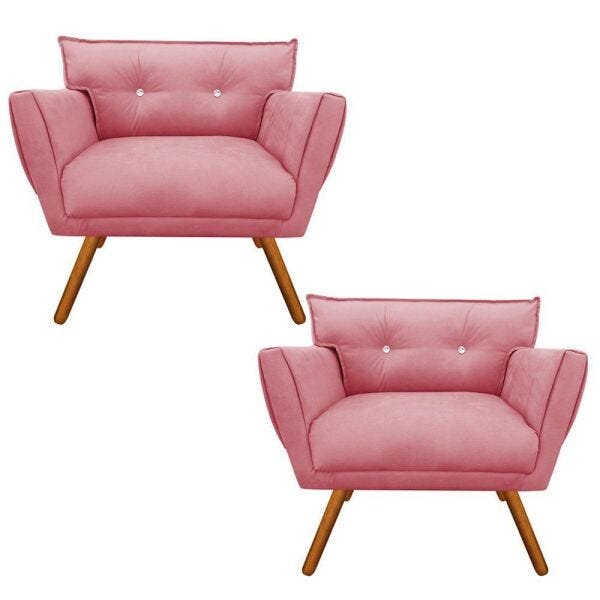 Kit 2 Poltronas Anitta Suede Rose com Strass Pés Palito Castanho Dmov