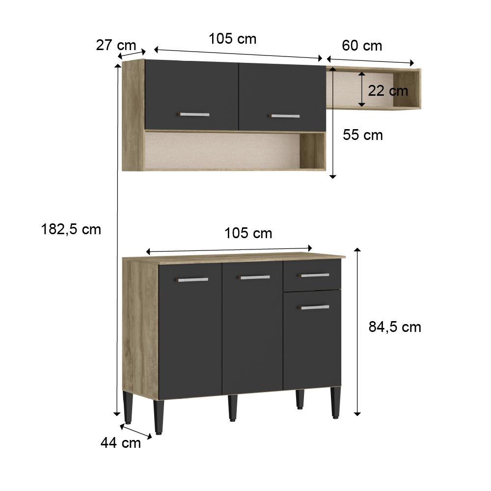 Armário Cozinha Compacta Arizona Tiny Carvalho/Preto Carraro - 3