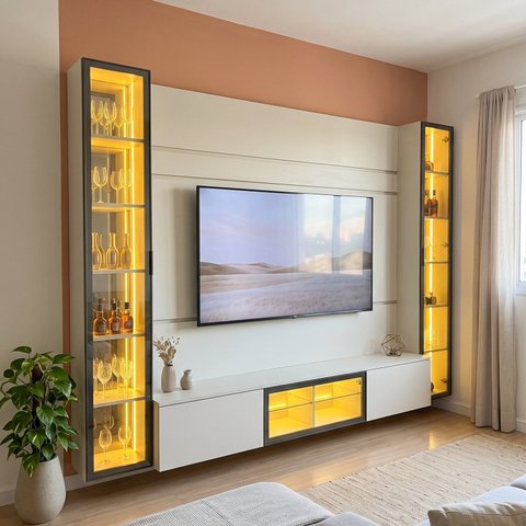Painel para TV até 84 Polegadas 100% MDF com LED, Espelho, Vidro e 2 Portas 293,4x217,6x35,3cm