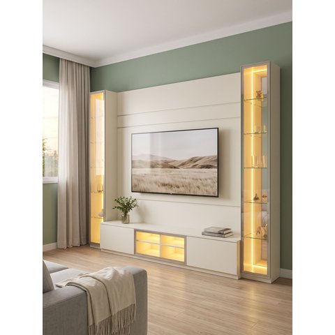 Painel para TV até 84 Polegadas 100% MDF com LED, Espelho, Vidro e 2 Portas 293,4x217,6x35,3cm