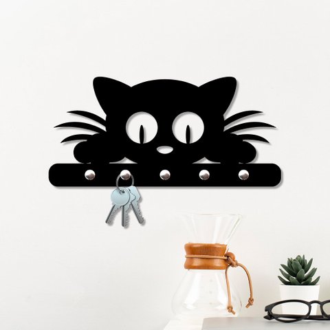 Porta Chaves de Parede Cat Decorativo em MDF:PRETO