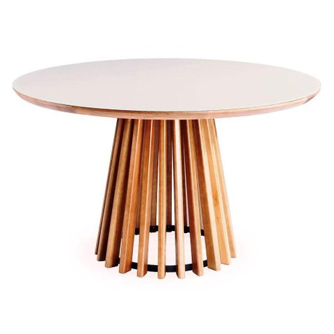 Mesa de Jantar Brisa Tampo Redondo Vidro Off White Base Verniz Mel 130cm - 64012