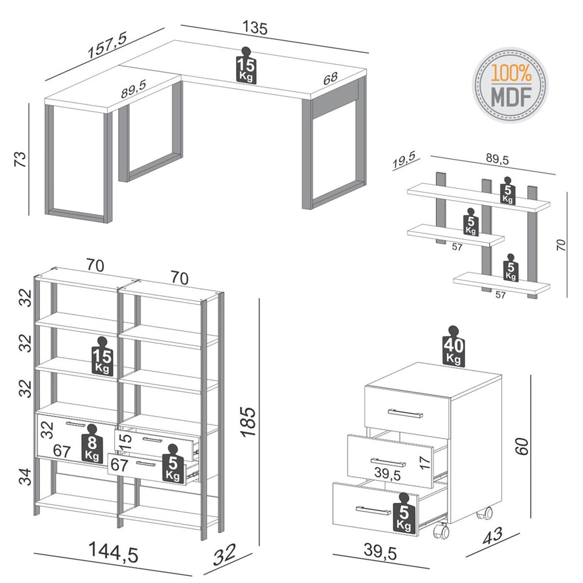 Mesa de Escritório em L com 2 Estantes Gaveteiro e Nicho Mdf - 3