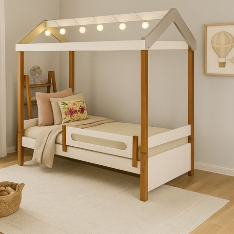 Cama Solteiro Casinha com Grade de Proteção e Auxiliar