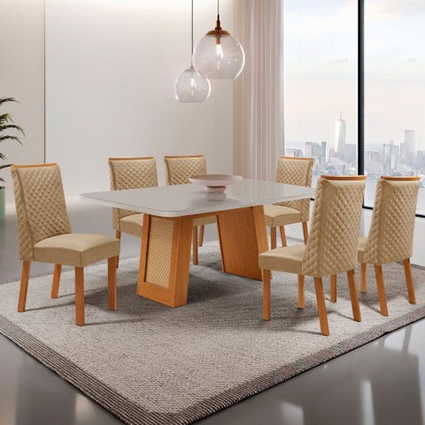 Mesa de Jantar Carolina 180cm Tampo MDF Vidro com 6 Cadeiras Yasmin