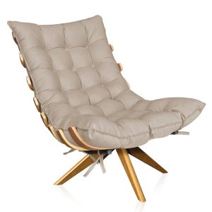 Poltrona Giratória Costela Suede Bege Base Madeira Ma25 Dmov