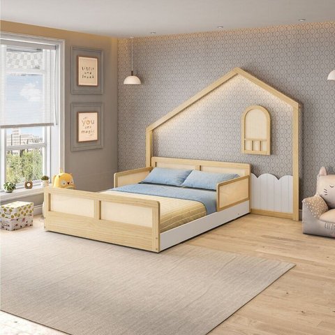 Cama Montessoriana Lift Casal e Moldura com LED New Garden Casatema MadeiraOriginals Marrom/Branco