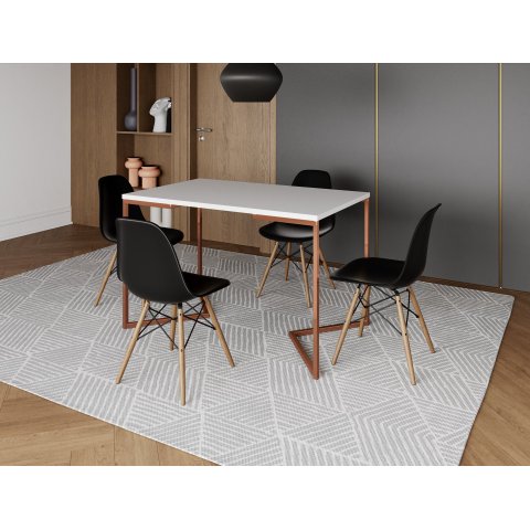 Mesa Industrial Base Ferro Cobre em V Tampo 137x90 Branco 4 Cadeiras Eames Madeira Assento Preto