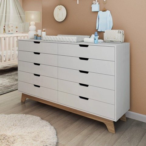 Cômoda para Quarto Infantil 10 Gavetas 100% MDF/MDP Alice Branco/Freijó
