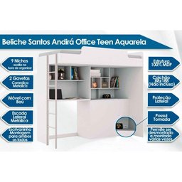 Beliche Módulo Office Teen (2 Camas+ Escrivaninha+Baú+Nicho+Prateleiras) Branco - Santos Andirá - 2