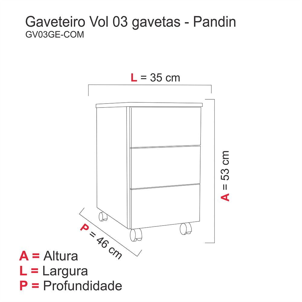 Gaveteiro Volante 03 Gavetas Home Office Pandin Walnut e Preto - 3