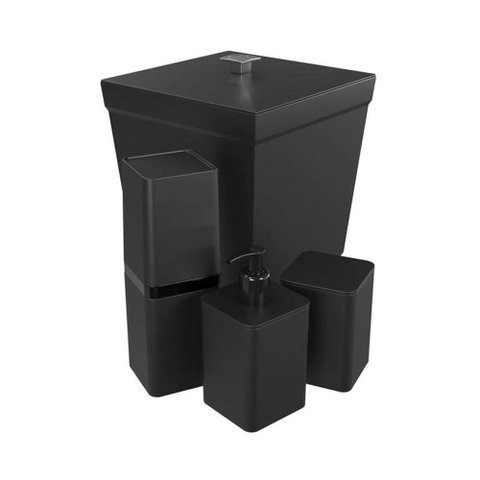 Kit Banheiro 4 Peças Lixeira Dispenser Porta Escova e Porta Algodão - Stolf Preto